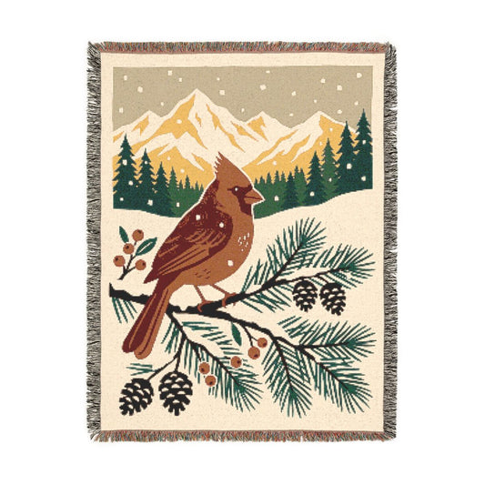 Christmas Cardinal Woven Blanket, a 60 x 80 inch woven cotton throw blanket with fringed edges