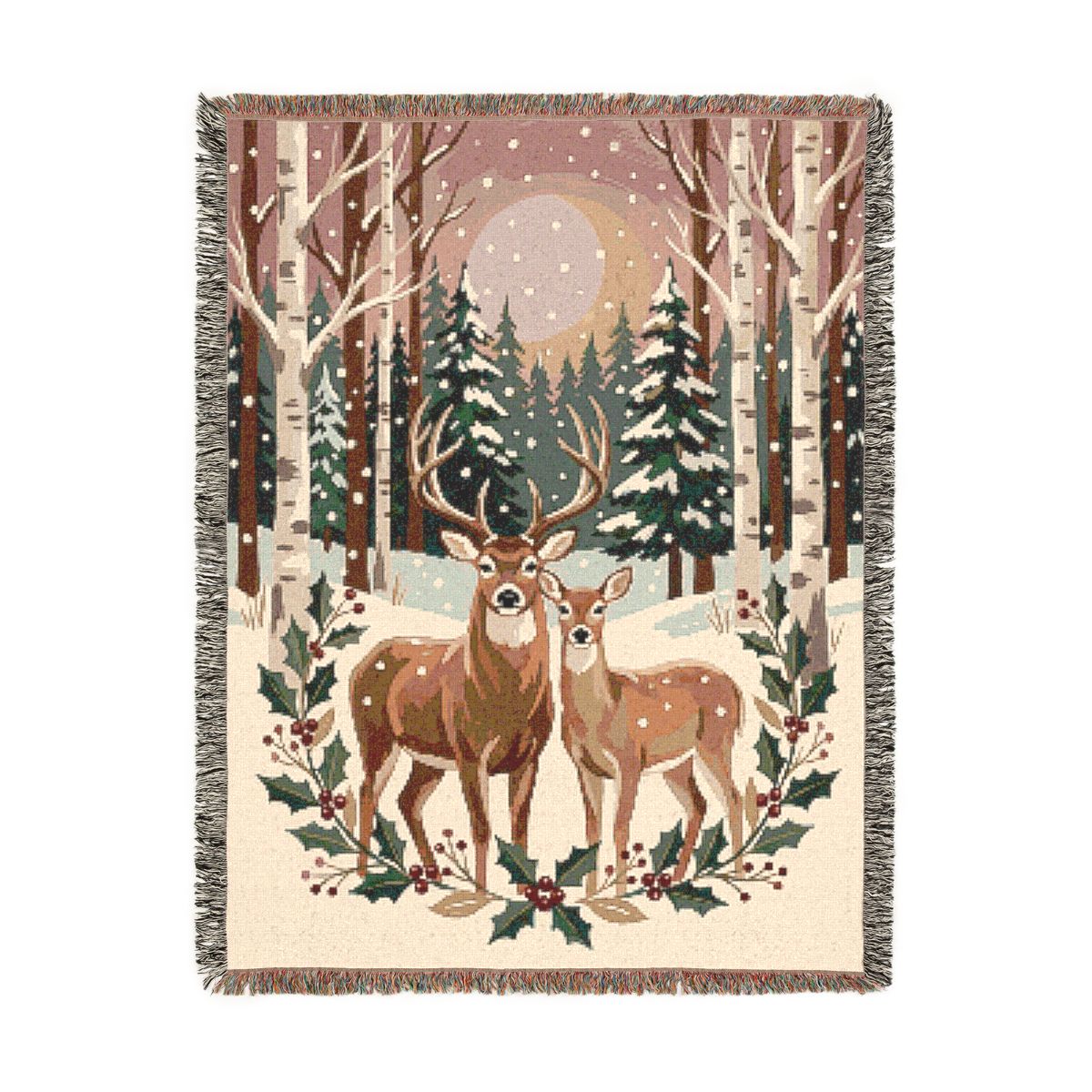 Christmas Deer Woven Blanket, a 60 x 80 inch woven cotton throw blanket with fringed edges