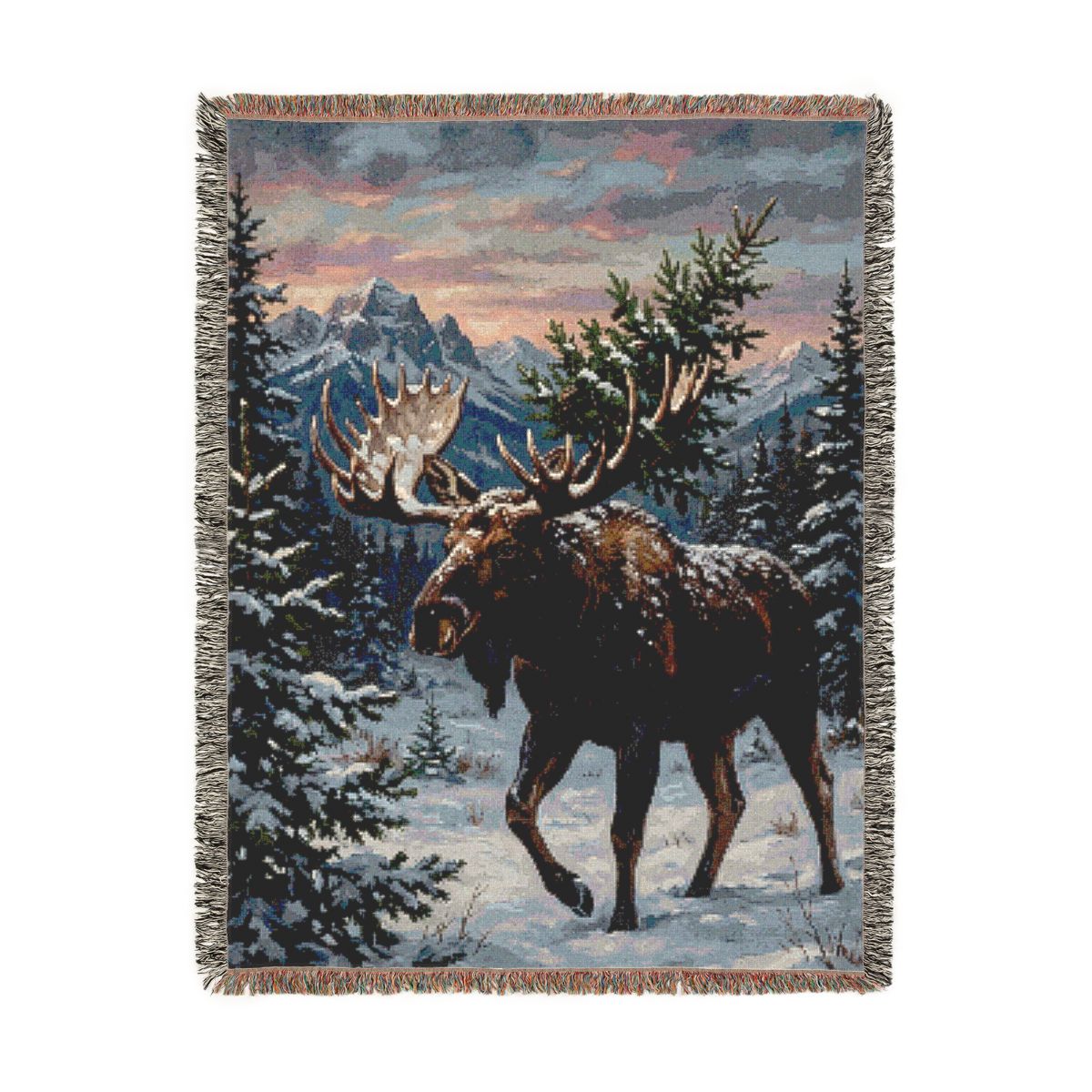 Christmas Moose Woven Blanket, a 60 x 80 inch woven cotton throw blanket with fringed edges