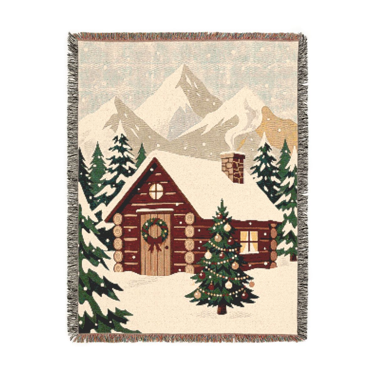 Christmas Mountain Cabin Woven Blanket, a 60 x 80 inch woven cotton throw blanket with fringed edges
