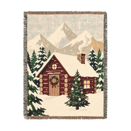 Christmas Mountain Cabin Woven Blanket, a 60 x 80 inch woven cotton throw blanket with fringed edges
