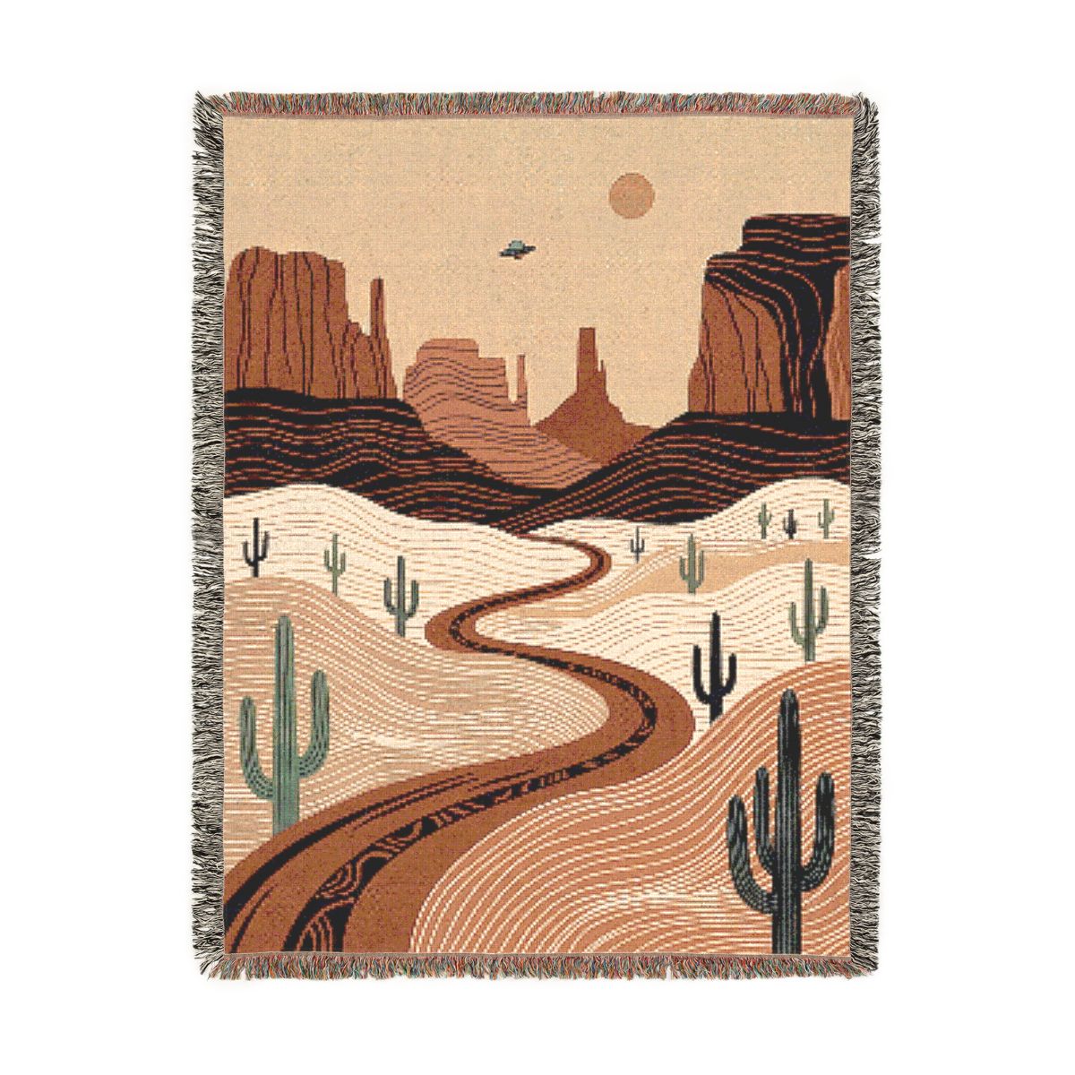 Desert Highway Woven Blanket, a 60 x 80 inch woven cotton throw blanket with fringed edges