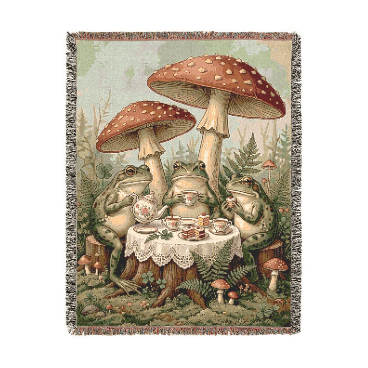 Frog Tea Party Woven Blanket, a 60 x 80 inch woven cotton throw blanket with fringed edges