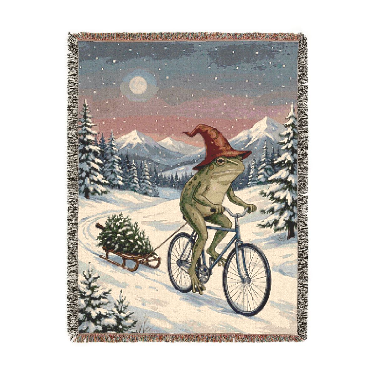 Frog Wizard Christmas Woven Blanket, a 60 x 80 inch woven cotton throw blanket with fringed edges