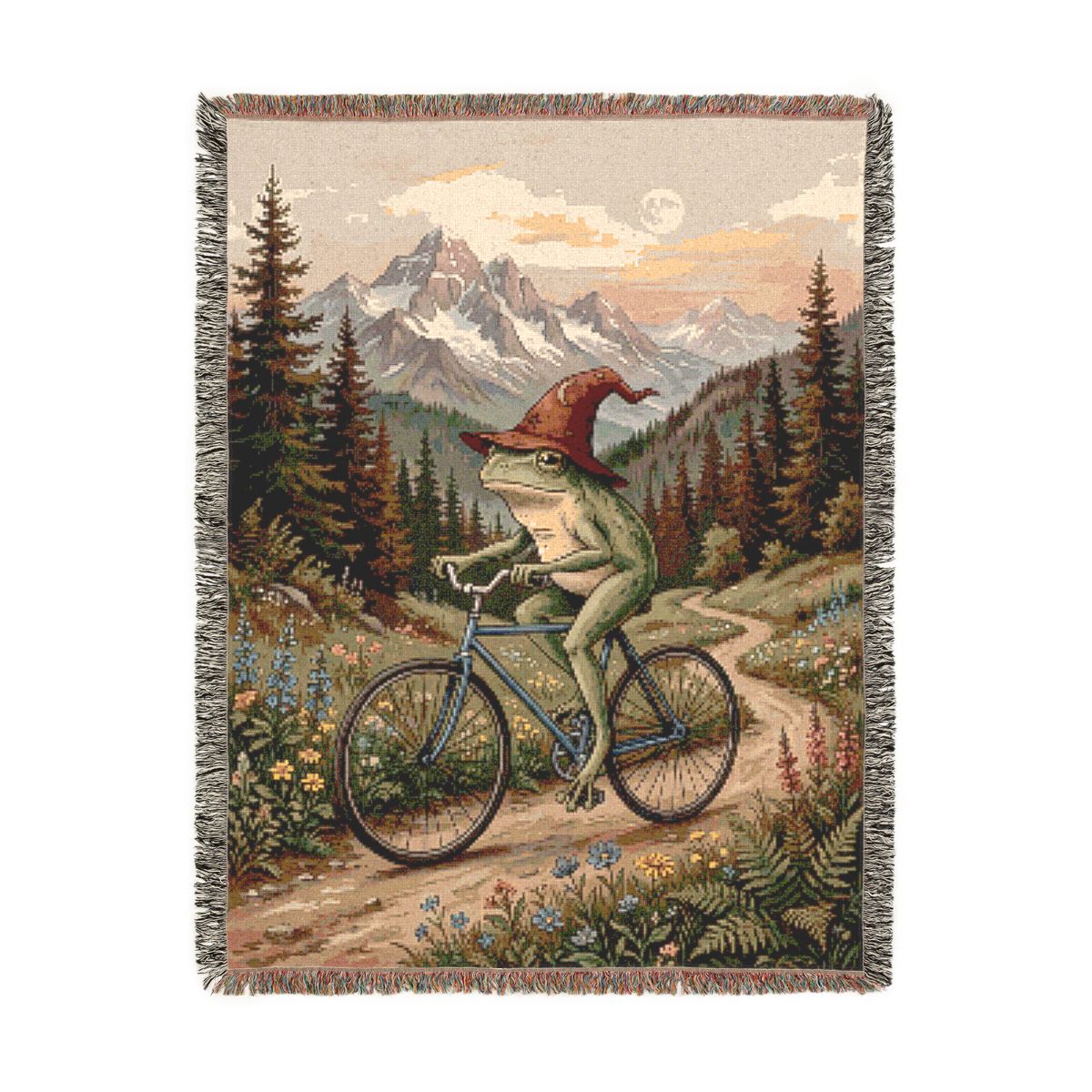 Frog Wizard Ride Woven Blanket, a 60 x 80 inch woven cotton throw blanket with fringed edges