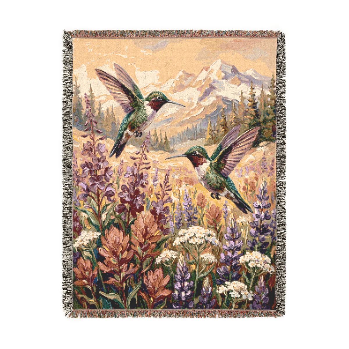 Hummingbird Meadow Woven Blanket, a 60 x 80 inch woven cotton throw blanket with fringed edges