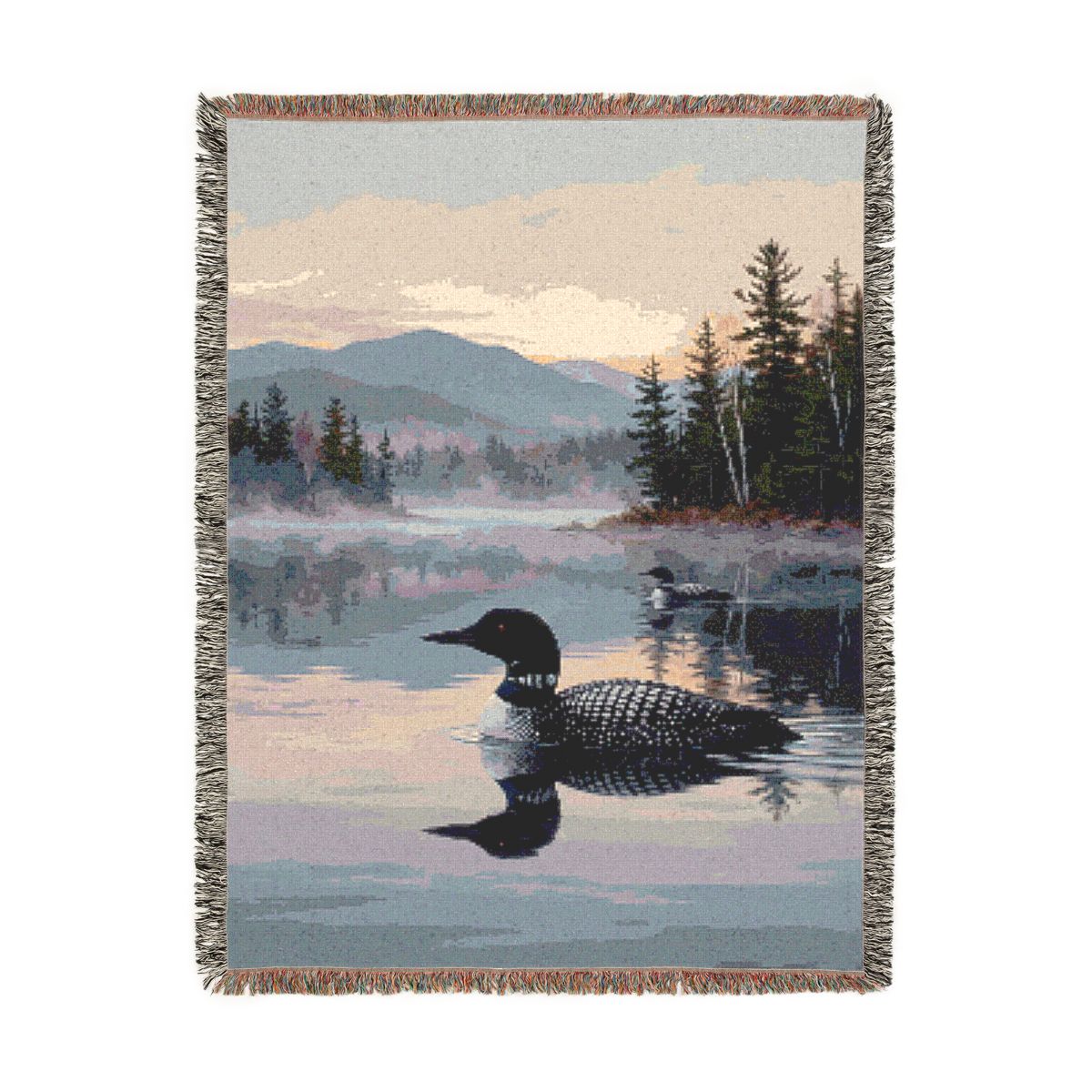 Loons at Sunrise Woven Blanket, a 60 x 80 inch woven cotton throw blanket with fringed edges