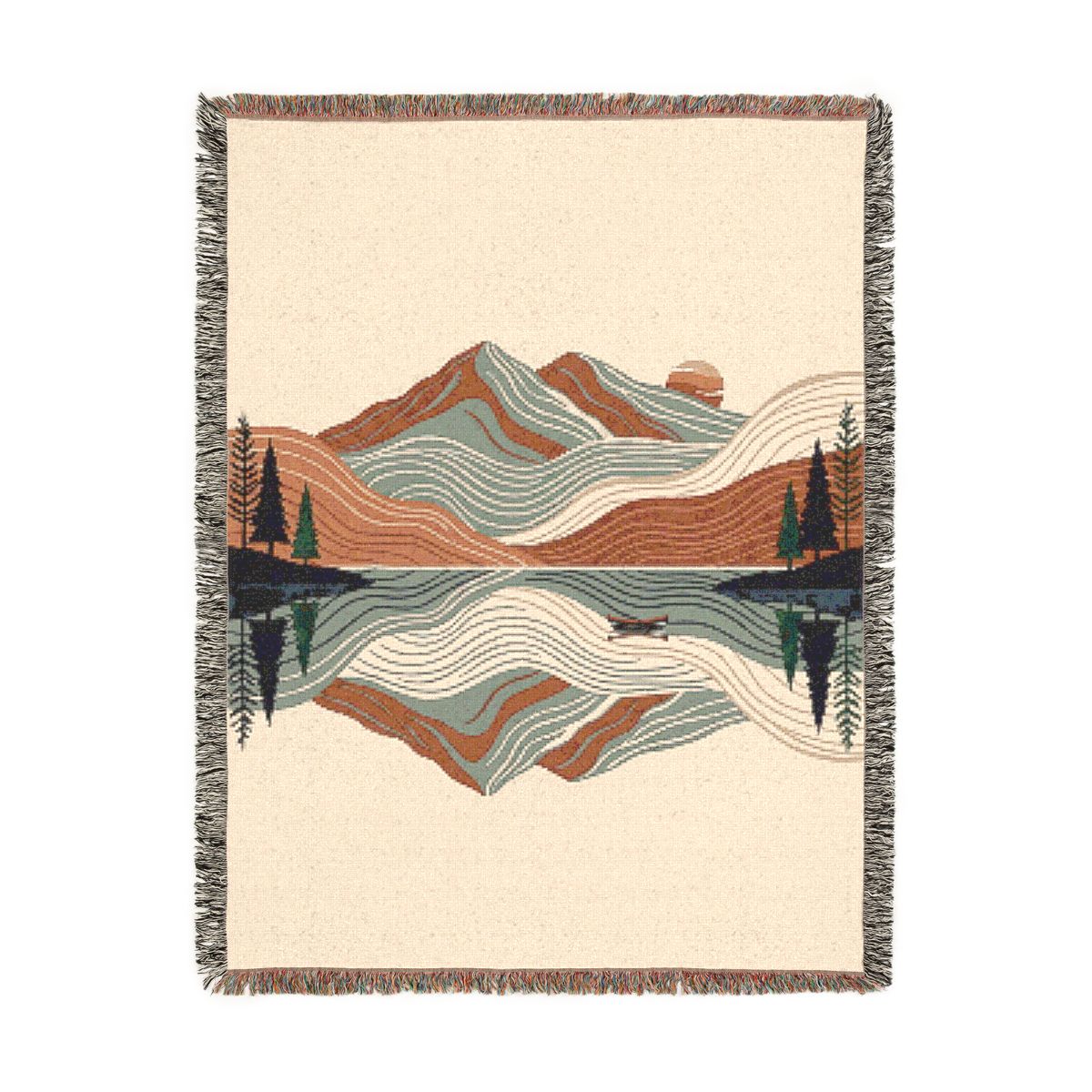 Mirror Lake Woven Blanket, a 60 x 80 inch woven cotton throw blanket with fringed edges