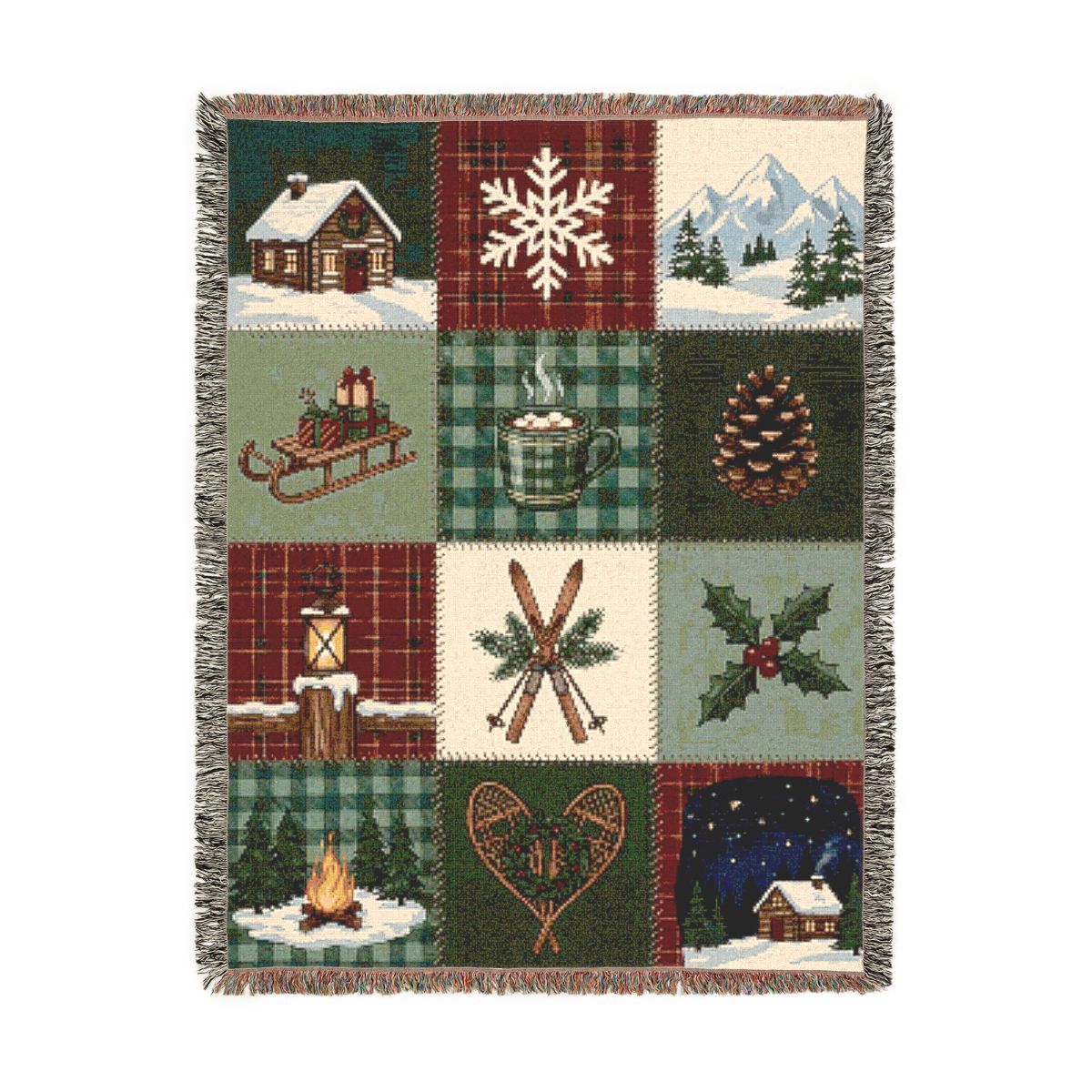 Mountain Cabin Quilt Woven Blanket, a 60 x 80 inch woven cotton throw blanket with fringed edges