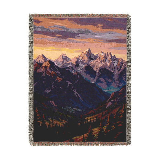 Mountains at Dusk Woven Blanket, a 60 x 80 inch woven cotton throw blanket with fringed edges