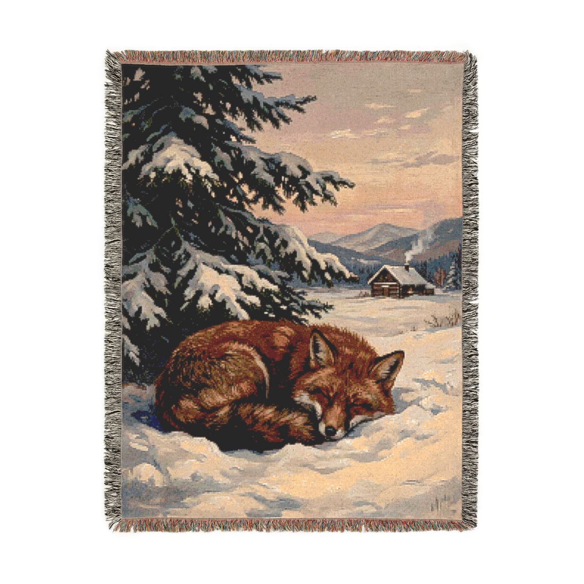 Sleeping Snow Fox Woven Blanket, a 60 x 80 inch woven cotton throw blanket with fringed edges