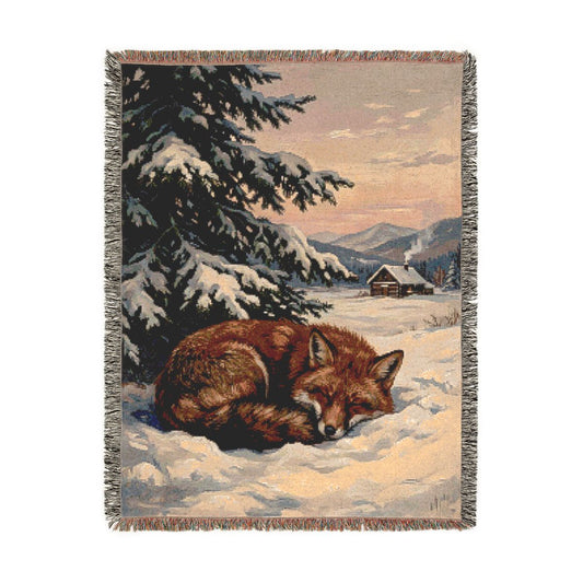 Sleeping Snow Fox Woven Blanket, a 60 x 80 inch woven cotton throw blanket with fringed edges