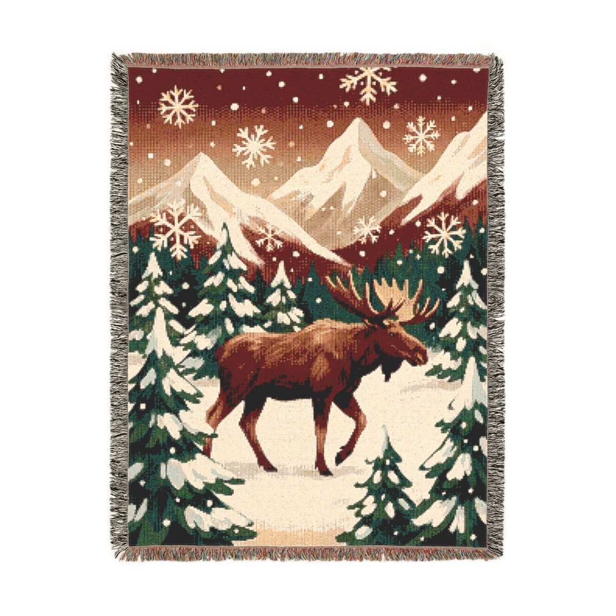 Snowy Forest Moose Woven Blanket, a 60 x 80 inch woven cotton throw blanket with fringed edges