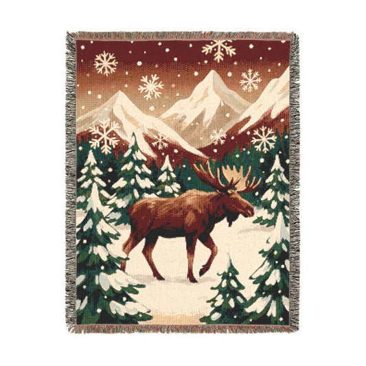 Snowy Forest Moose Woven Blanket, a 60 x 80 inch woven cotton throw blanket with fringed edges