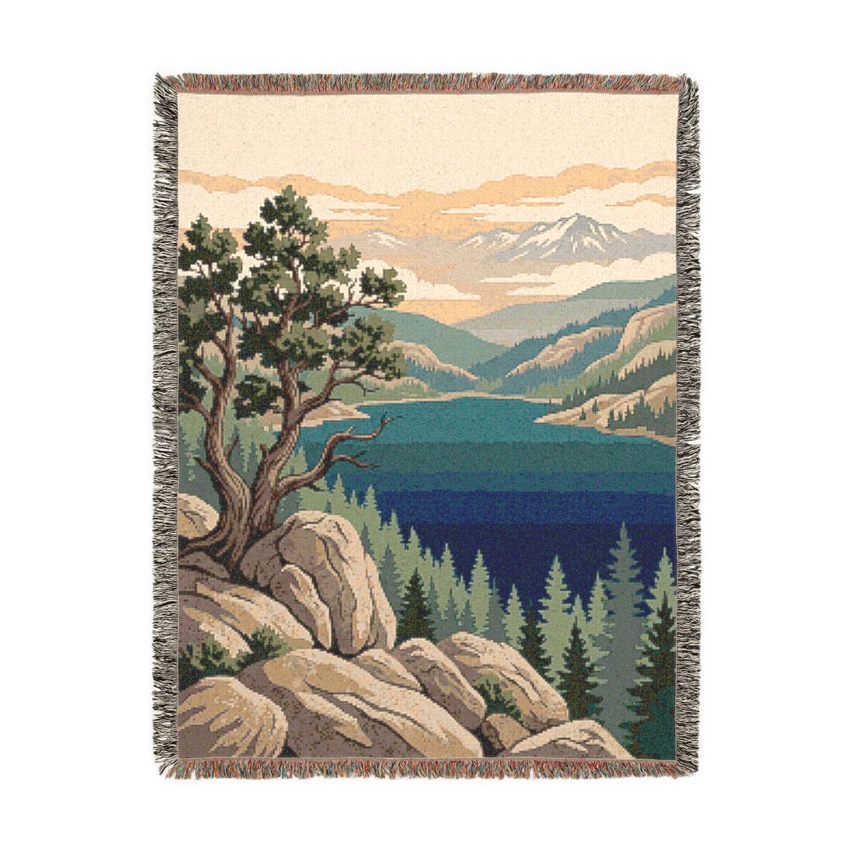 Tahoe Rim Woven Blanket, a 60 x 80 inch woven cotton throw blanket with fringed edges