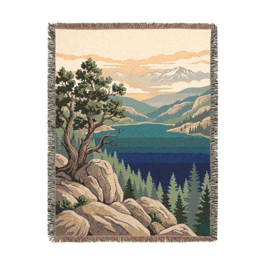 Tahoe Rim Woven Blanket, a 60 x 80 inch woven cotton throw blanket with fringed edges