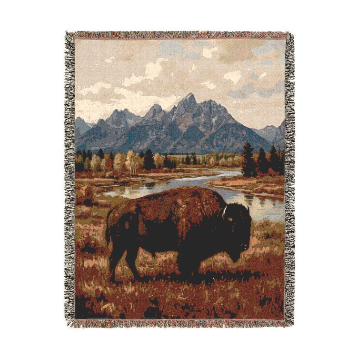 Teton Bison Woven Blanket, a 60 x 80 inch woven cotton throw blanket with fringed edges
