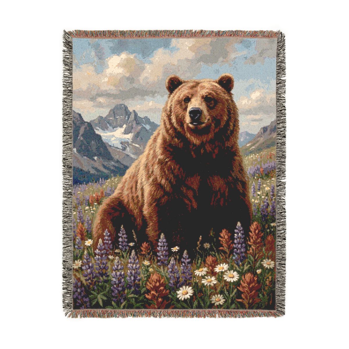 Wildflower Grizzly Woven Blanket, a 60 x 80 inch woven cotton throw blanket with fringed edges