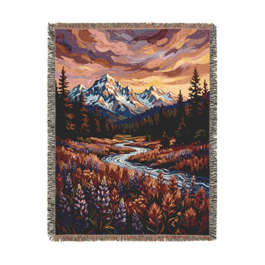 Wildflower Peaks Woven Blanket, a 60 x 80 inch woven cotton throw blanket with fringed edges