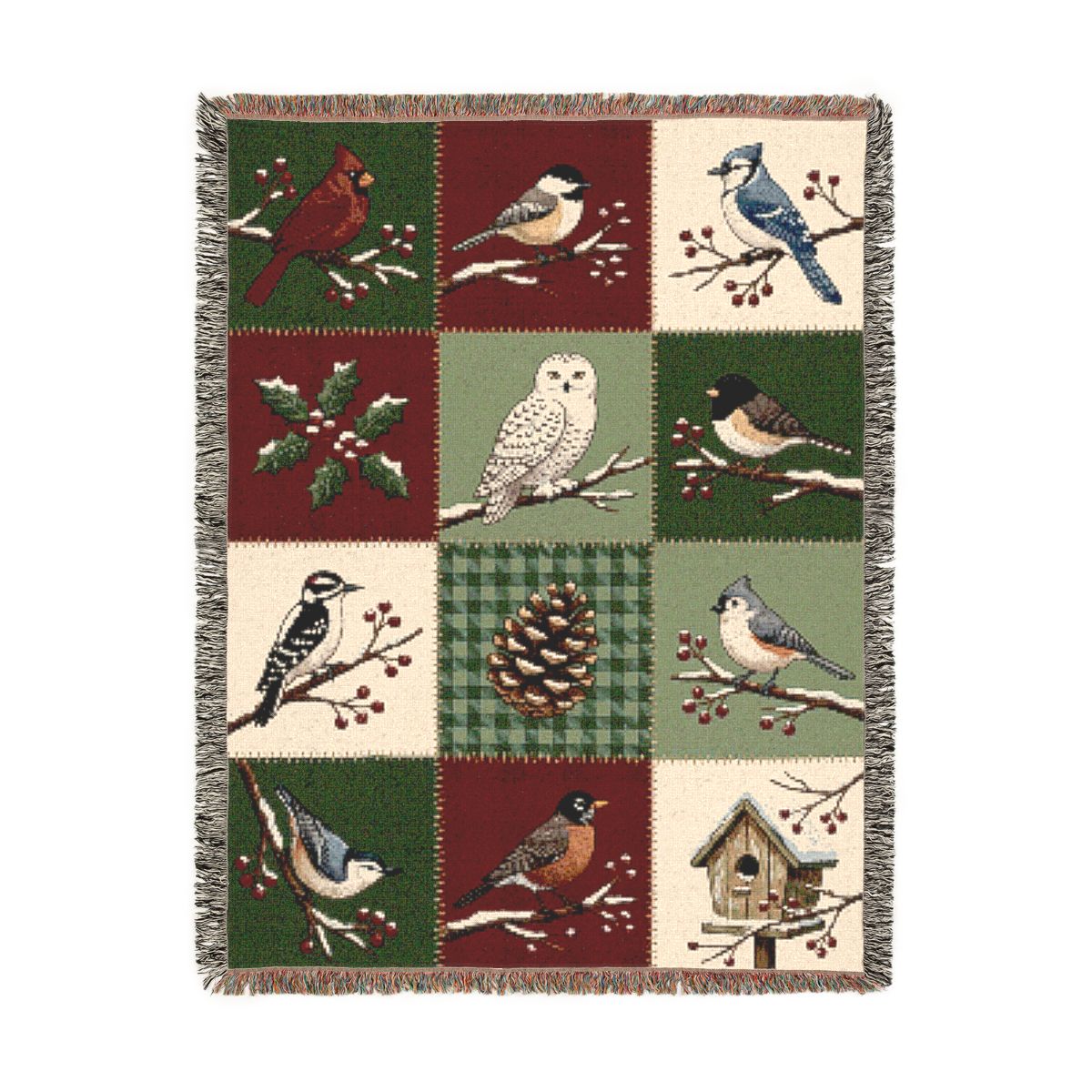 Winter Birds Quilt Woven Blanket, a 60 x 80 inch woven cotton throw blanket with fringed edges
