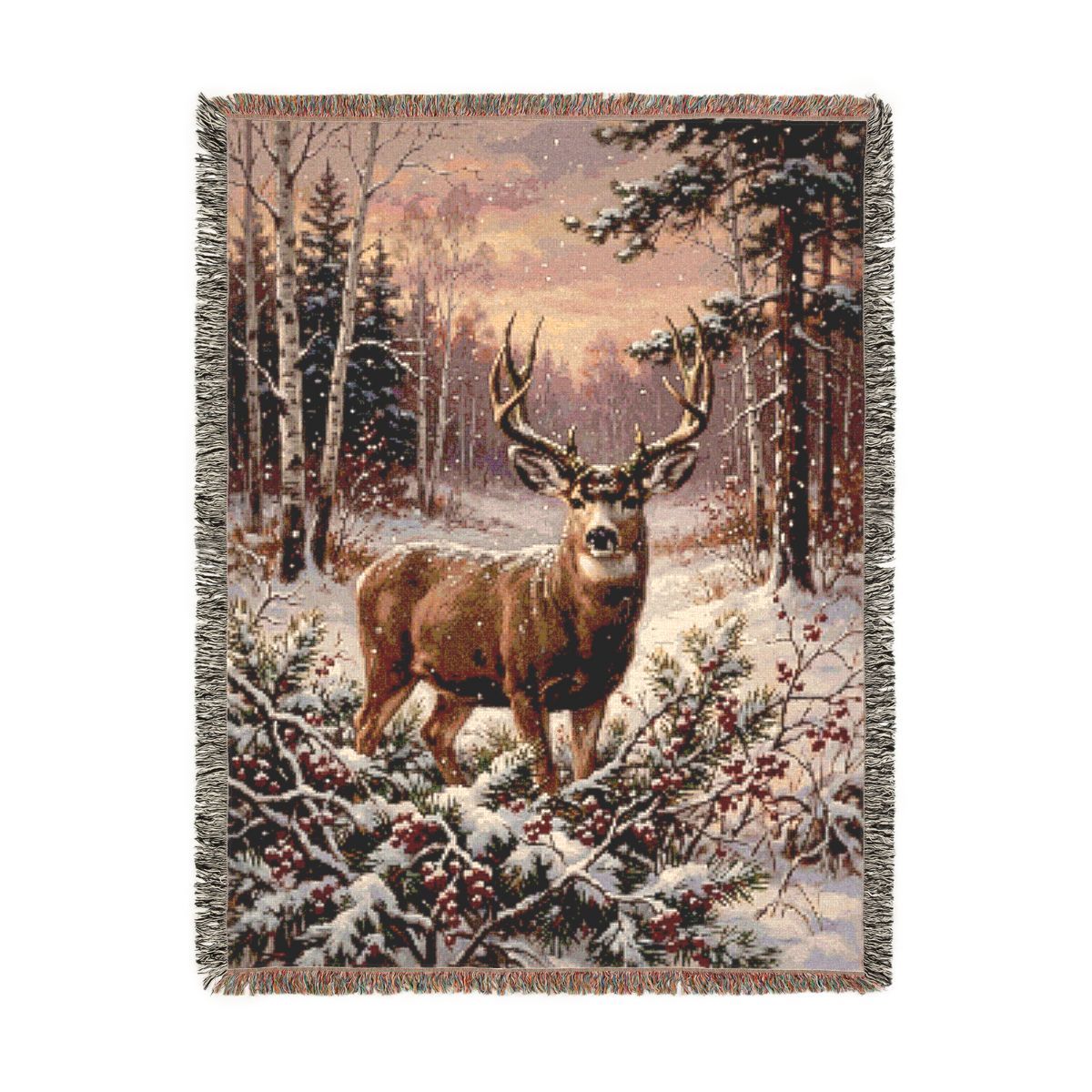 Winter Buck Woven Blanket, a 60 x 80 inch woven cotton throw blanket with fringed edges