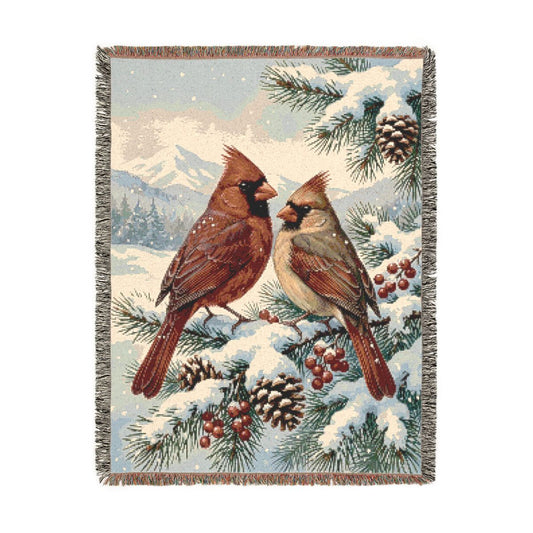 Winter Cardinals Woven Blanket, a 60 x 80 inch woven cotton throw blanket with fringed edges