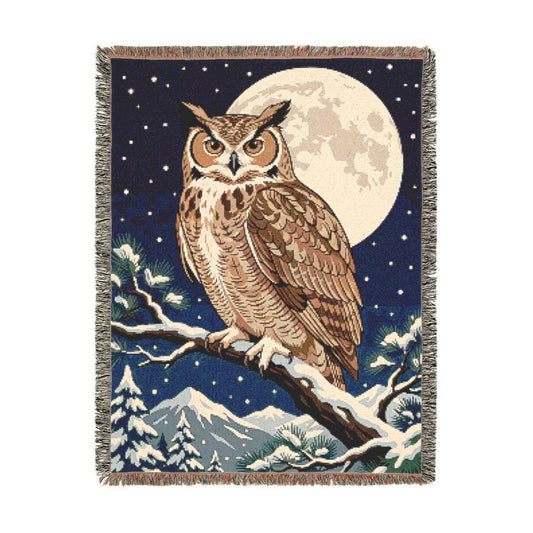 Winter Owl Woven Blanket, a 60 x 80 inch woven cotton throw blanket with fringed edges