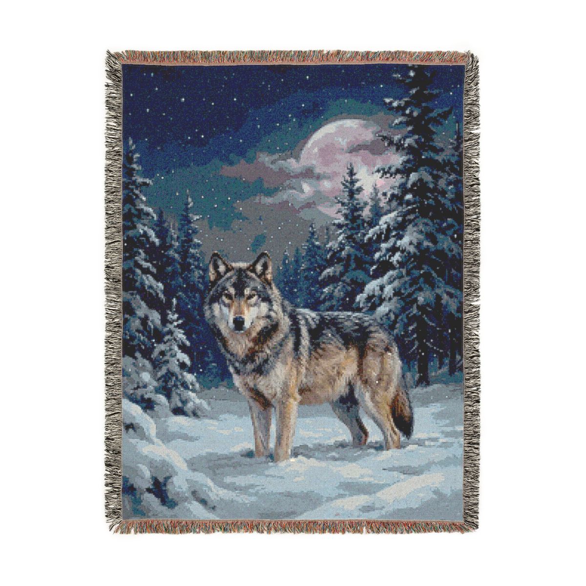 Winter Wolf Woven Blanket, a 60 x 80 inch woven cotton throw blanket with fringed edges